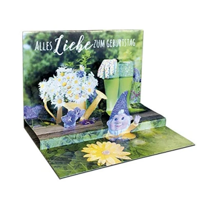 Abbildung von KE Exklusive 3D Pop Up Geburtstagskarte mit Glitter, Hochwertige Grußkarte, Motiv: Gartenzwerg Blumen