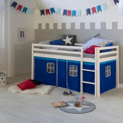 Abbildung von Homestyle4u Hochbett 90x200 cm Stockbett Kinderbett Holz Kiefer Spielbett mit Vorhang, Lattenrost + Matratze