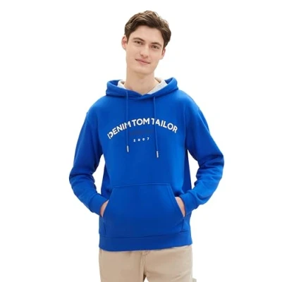 Abbildung von TOM TAILOR Denim Herren Hoodie Sweatshirt mit Logo Print, shiny royal blue, XS