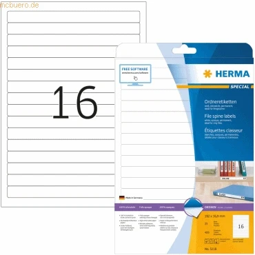 Abbildung von HERMA Ordneretiketten weiß für Ringbuch 192x16,9mm Special A4 VE=400 S