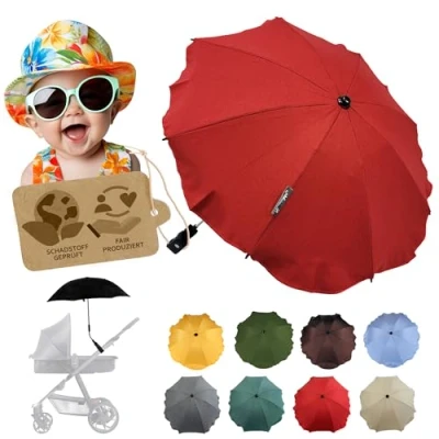 Abbildung von Sonnenschutz universal [Sonnenschirm für Kinderwagen] Buggy UV Schutz 50+ mit Universalhalterung biegsamer Schirm Rund und Ovalrohre verstellbar (meliert rot)