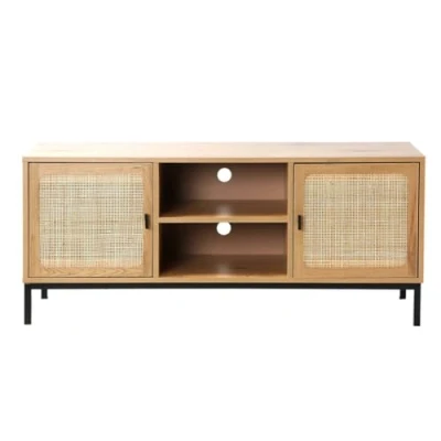 Abbildung von Calicosy TV Möbel mit 2 Türen, Nischen Rattangeflecht Holzdekor Spanplatten Metallstruktur 4 Fächer Wohnzimmer oder Schlafzimmer industrieller und natürlicher Stil L 120 x T 39 H