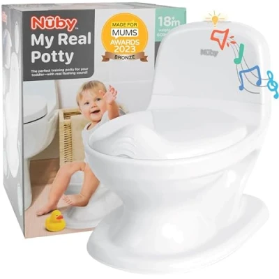 Abbildung von Nuby Dr. Talbot&#039;s My Real Potty Kinder Töpfchen mit Spülgeräusch Toilettentrainer für echtem Sound und Batterien sind im Lieferumfang enthalten Toilette Weiß 18+ Monate