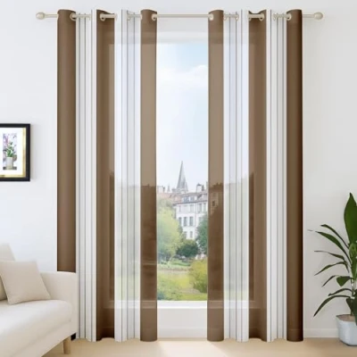 Abbildung von Deconovo Voile Vorhänge mit Ösen, Vorhangschal Transparent Boho Streifenmuster, Fensterschal Schlafzimmer in Leinenoptik, 138x140 cm(HöhexBreite), Kaffe, 2er Set