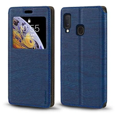 Abbildung von Schutzhülle für Samsung Galaxy A20E, Holzmaserung, Leder, mit Kartenhalter und Fenster, Magnetverschluss, A20E (Blau)