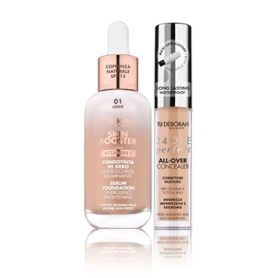Abbildung von Deborah Milano Set Makeup, Serum, Skin Booster SPF15,01 Light, mit Vitamin C, natürlicher Effekt, 30 ml und Korrekturflüssigkeit 24 Stunden Perfect All Over,03 Sand, langer Halt, wasserfest, 5,5 g