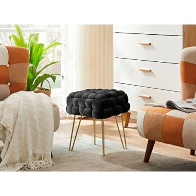 Abbildung von Zedelmaier Moderner Velvet Kosmetik Hocker, Quadratisch Ottoman Fußhockermit goldfarbenen Metallbeinen, Gepolsterte Sitzhocker,Strick Samt Hocker (Schwar, 38x38x41.5cm)