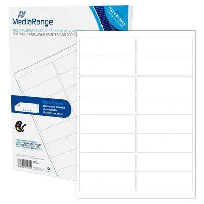 Abbildung von MediaRange Universal Etiketten, stark haftend, 50 Blatt A4 16 Etiketten (99,1 x 33,9mm), weiß
