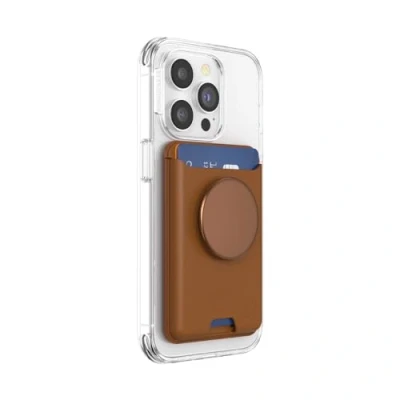 Abbildung von PopSockets: PopWallet für MagSafe Mit Griff Inklusive Adapterring Schlanker, repositionierbarer Kartenhalter Smartphones und Hüllen SoftGoods Cognac