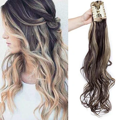 Abbildung von SEGO Ponytail Extension Pferdeschwanz Haarteil Haarverlängerung Zopf Hair Piece Haar Voluminös Wavy wie Echthaar Dunkelbraun &amp; Aschblond Gewellt 24&quot;(61cm) 150g