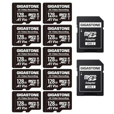 Abbildung von Gigastone 128GB 10 Pack Micro SD Karte, 4K Video Pro, GoPro, Überwachung, Sicherheitskamera, Action Kamera, Drohne, 85MB/s MicoSDXC Speicherkarte UHS I Klasse 10, mit Adapter