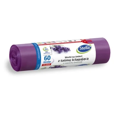Abbildung von STELLA 009909 Müllbeutel mit Zugband 60 L 10 Stück Lavendelduft Müllsack Mülltüte Abfallsäcke für Den Hausmüll Büro aus LDPE Folie Hergestellt/aus Regranulat Farbe: Lavendel/Violette