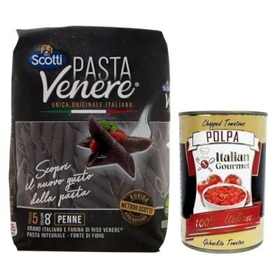 Abbildung von Riso Scotti Pasta Venere Penne Rigate,Pasta aus Hartweizengrieß und Schwarzem Vollkornreismehl,Packung mit 400g + Italian Gourmet Polpa di Pomodoro Dose
