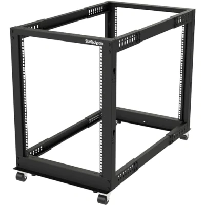 Abbildung von StarTech.com 4 Pfosten 15 HE Mobiles Open Frame Serverrack, 19 Zoll Netzwerk Rack mit Rädern, für Computer/AV/Daten/IT Geräte Rollen, Nivellierfüße oder Bodenmontage (4POSTRACK15U)