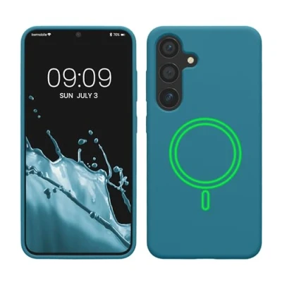 Abbildung von kwmobile Hülle kompatibel mit Samsung Galaxy S25 magnetisches Silikon Case MagSafe Cover gummiert Petrol matt