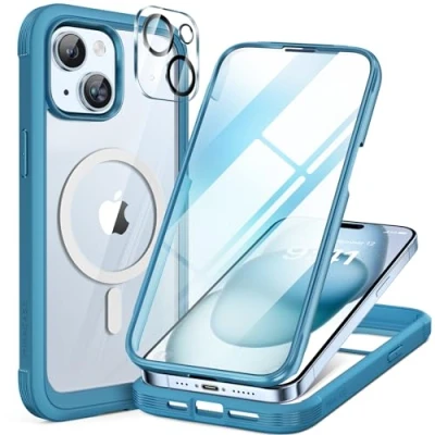 Abbildung von Miracase 360 Grad für iPhone 15 Hülle Magnetisch mit Eingebaut Glas Schutzfolie und Kameraschutz, Stoßfest Komplettschutz Handyhülle Schutzhüllen 6,1 Zoll, Blau