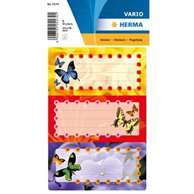 Abbildung von HERMA 5574 Buchetiketten zum Beschriften Schmetterlinge, 6 Stück, 76 x 35 mm, selbstklebend, liniert, Buchaufkleber für Schule Kinder Mädchen Jungen, mehrfarbige Heftetiketten Aufkleber, bunt