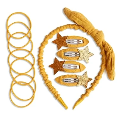 Abbildung von Papierdrachen Besonderes Haar Accessoires Set mit Haarreif, Glitzer Haarspangen, Haargummis kombiniert hochwertigem Musselin Stoff Senfgelb für Mädchen und Damen