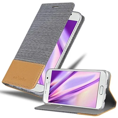 Abbildung von Cadorabo Hülle kompatibel mit Samsung Galaxy S6 Edge Plus aus Jeans und Kunst Leder Flip Klappbare Magnetische [Standfunktion] [Kartenfächern] Cover für Tasche in Grau