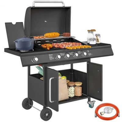 Abbildung von Outsunny Gasgrill 15,2 KW Grillwagen inkl 5 Edelstahl Brenner Rolle Seitenkocher Druckminderer Gasschlauch Deckel Thermometer Seitenablagen, BBQ Gartengrill für Balkon, Grill 129,5 x 56 110 cm