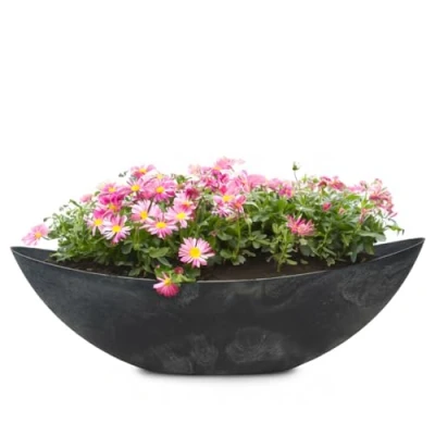 Abbildung von Ovale Pflanzschale für draußen riesige Schiff Deko Schale in schwarzer Stein Optik als Blumen Topf Pflanztopf 66 cm Jardiniere Garten Balkon oder Friedhof Grab Schmuck