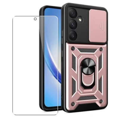 Abbildung von SDTEK Hülle Für Samsung Galaxy A35 Handyhülle Kameraobjektivschutz, Ständer, Magnetringhalter Glas Displayschutzfolie (Rosa)