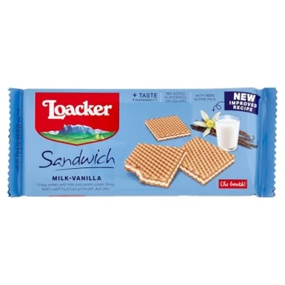 Abbildung von 6x Loacker Sandwich Milk Vanilla duftende Waffeln mit Milchcreme und Vanille 75 g