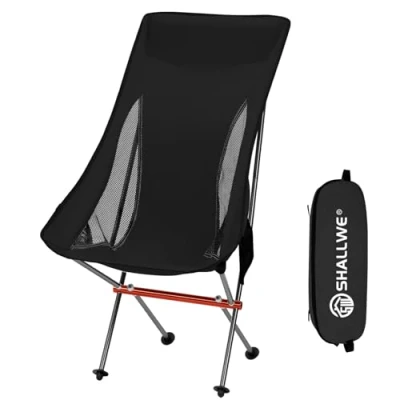 Abbildung von SHALLWE Ultraleichter, klappbarer Campingstuhl mit hoher Rückenlehne, verbesserte Aluminium Struktur, Seitentasche und Tragetasche, kompakt strapazierfähig für Outdoor Rucksackreisen (Dark)