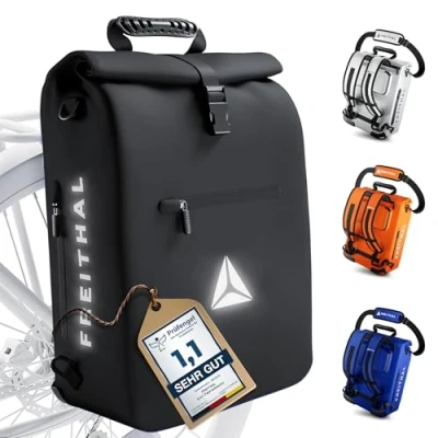 Abbildung von FREITHAL 3in1 Fahrradtasche aus recyceltem Gewebe [25L] Verwendbar als Gepäckträgertasche, Rucksack &amp; Umhängetasche 100% Wasserdichte Reflektierende Mit 16&quot; Laptopfach