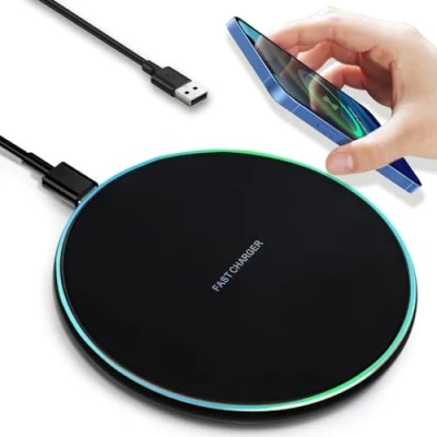 Abbildung von IOUGDSEC kabelloses Ladegerät mit Kontrollleuchte, schnelles Ladepad USB C Kabel, Qi zertifiziert 15W Max Kompatibel iPhone 15/14/13/12/XS AirPods, Samsung Galaxy S24/S23 Huawei