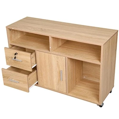 Abbildung von BAKAJI Druckerschrank aus Holz, 3 Regale, 2 Schubladen mit Schlüssel, Holzwerkstoff, Eiche, Standard
