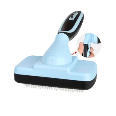 Abbildung von Katzenbürste, Hundebürste mit Reinigungsknopf für Hunde und Katzen langem kurzem Haar, tägliche Massage zum Entfernen von losem Unterhaar, Verwicklungen, Knoten Haaren (Blau)