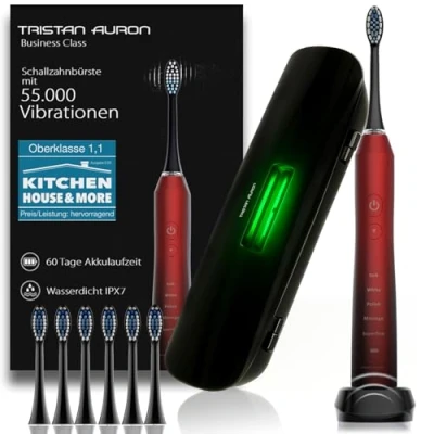 Abbildung von Tristan Auron Schallzahnbürste 55.000 Schwingungen &amp; 5 Putzmodi Elektrisch leise inkl. UV Reiseetui 6 Aufsteckbürsten 60 Tage Akku (Rot)