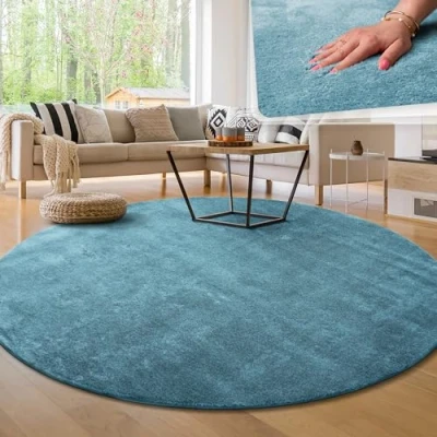 Abbildung von Paco Home Moderner Kuscheliger Wohnzimmer Teppich Kurzflor waschbar flauschig Weich Einfarbig Felloptik zeitlos stilvoll rutschfest pflegeleicht, Grösse:80 cm Rund, Farbe:Türkis