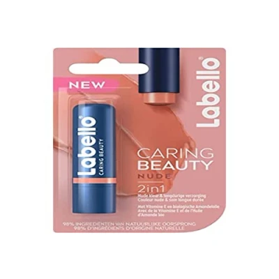 Abbildung von Labello Caring Beauty Nude (1 x 5,5 ml), Lippen Stick mit Sheabutter und Mandelöl, Lippenbalsam, neutrale Farbe, für 24 Stunden Feuchtigkeit