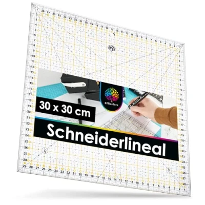Abbildung von OfficeTree Lineal Schneiderlineal 30x30 cm, Patchworklineal zum Nähen mit exakten Abmessungen und Zuschnitten