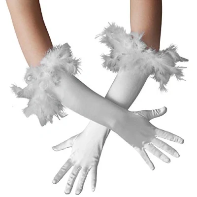 Abbildung von dressforfun Kostüm Lange Satin Handschuhe mit Federn, Edle in Einheitsgröße