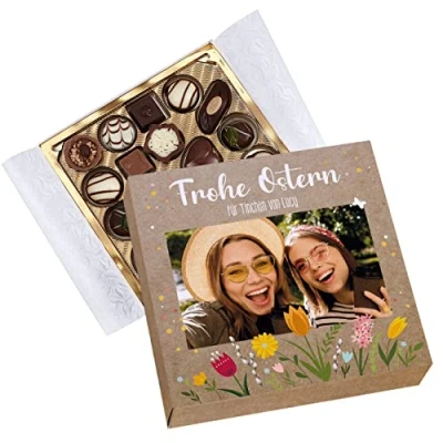 Abbildung von Herz &amp; Heim® Lindt Pralinen 100g Frohe Ostern mit Foto und Wunschtext bedruckt