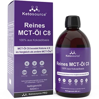 Abbildung von Reines MCT Öl C8 Produziert 4X Ketone im Vergleich als Andere Öle Höchste Reinheit von über 99% 100% aus Kokosnuss Unterstützt Keto &amp; Fasten Vegan 500 ml Ketosource®