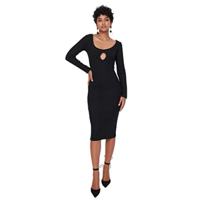 Abbildung von Trendyol Damen Woman Maxi Bodycone Tiefer Rundhals Gestrickt Kleid, Schwarz, XL EU