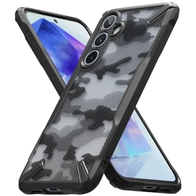 Abbildung von Ringke Fusion X Kompatibel mit Samsung Galaxy A55 5G (2024) Hülle, Anti Kratzt Harte PC Rückseite Robuster Stoßstange Handyhülle Handykette Löcher Camo Black