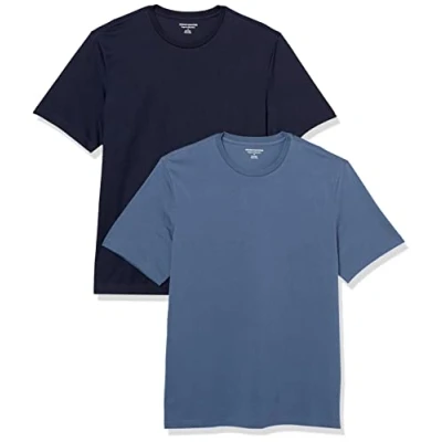 Abbildung von Amazon Essentials Herren Kurzärmliges T Shirt mit Rundhalsausschnitt in normaler Passform, 2er Pack, Dunkelblau/Marineblau, M