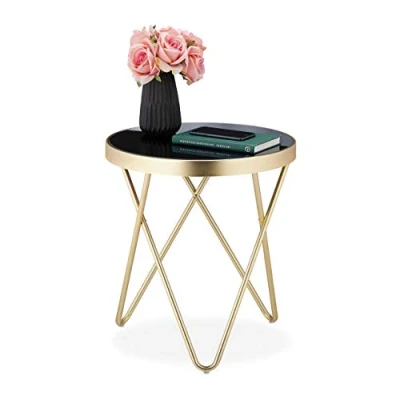 Abbildung von Relaxdays Beistelltisch rund, trendiger Couchtisch, Metall &amp; Glas, Hochglanz, Retro Design, HxD: 46x42 cm, schwarz gold, 1 Stück