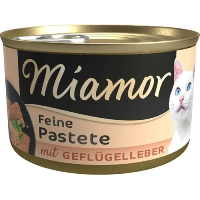 Abbildung von MIAMOR Pastete Nassfutter für ausgewachsene Katzen mit natürlichem Taurin. Getreidefreies Alleinfutter in der Dose ohne Soja und künstliche Zusätze 12x85g Geflügelleber