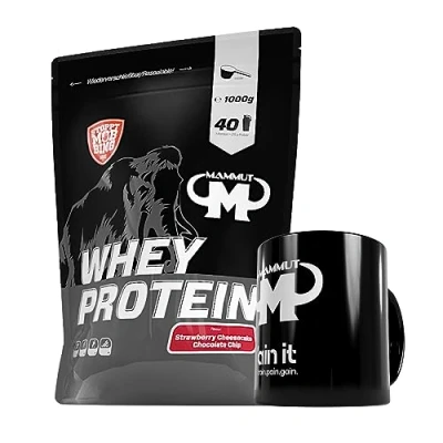 Abbildung von 1kg Mammut Whey Protein Eiweißshake Set inkl. Shaker, Riegel, Powderbank oder Tasse (Strawberry Cheesecake, Keramik Tasse)