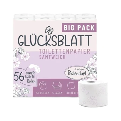 Abbildung von Toilettenpapier SAMTWEICH mit frischem Blütenduft, 4 lagig, 56 Rollen x 130 Blatt, 100% Zellstoff, superweiches Klopapier Glücks Prägung, WC Papier, Verpackung aus mind. 30% PCR