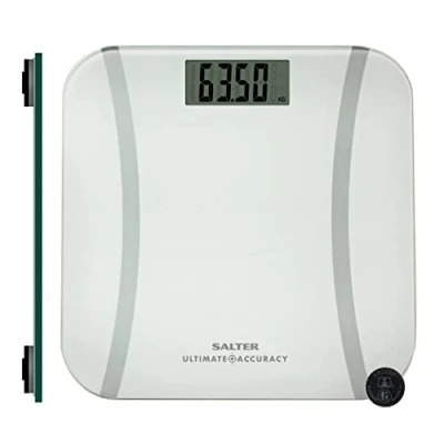 Abbildung von Salter 9073 WH3R digitale Personenwaage mit Fettanalyse, LCD Display, elektronische Glaswaage hoher Genauigkeit, 50 g Inkremente, Step on, Teppichfüße im Lieferumfang enthalten, 180kg, weiß