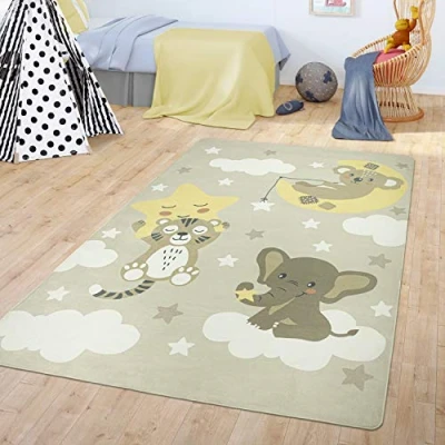Abbildung von TT Home Teppich Kinderzimmer Kinderteppich Babymatte Koala Elefant Wolken Sterne Himmel Mond, Farbe:Beige, Größe:155x230 cm