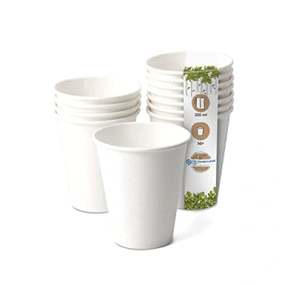 Abbildung von GREENBOX Bio Pappbecher I Einweggeschirr Trinkbecher Papierbecher kompostierbare und biologisch abbaubare Becher weiße, unbedruckte, umweltfreundliche Kaffeebecher 50 Stück 250ml 10oz