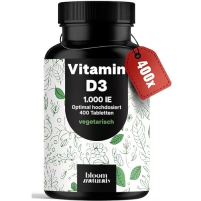 Abbildung von Vitamin D3 1000 IE hochdosiert 400 Tabletten D Unterstützung für Immunsystem &amp; Knochen, vegetarisch produziert in Deutschland Laborgeprüft